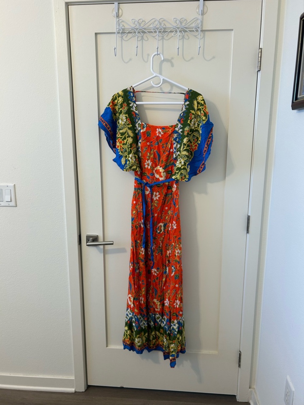 Bright Orange Floral Maxi Dress with Blue Accent